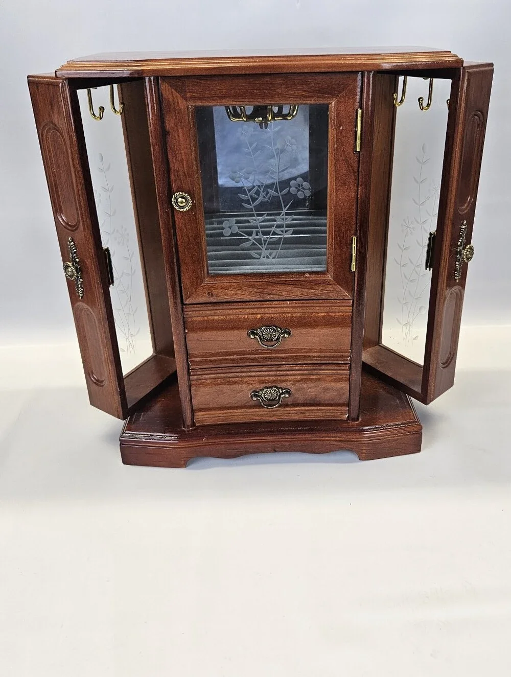 Vintage Wooden Jewelry Armoire Box 2 Drawers Ring Etched Glass Doors Felt Lined